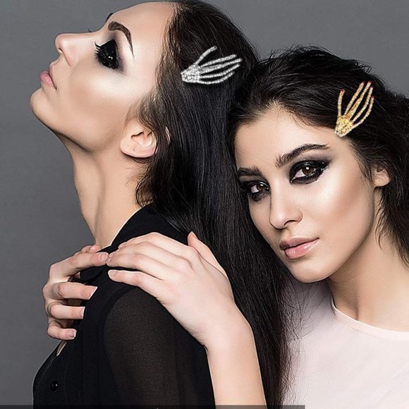 🪷SALE Gold Pave Rhinestone Blue Nails Skeleton Hand Hair Clip Hairpin New - Picture 2 of 4